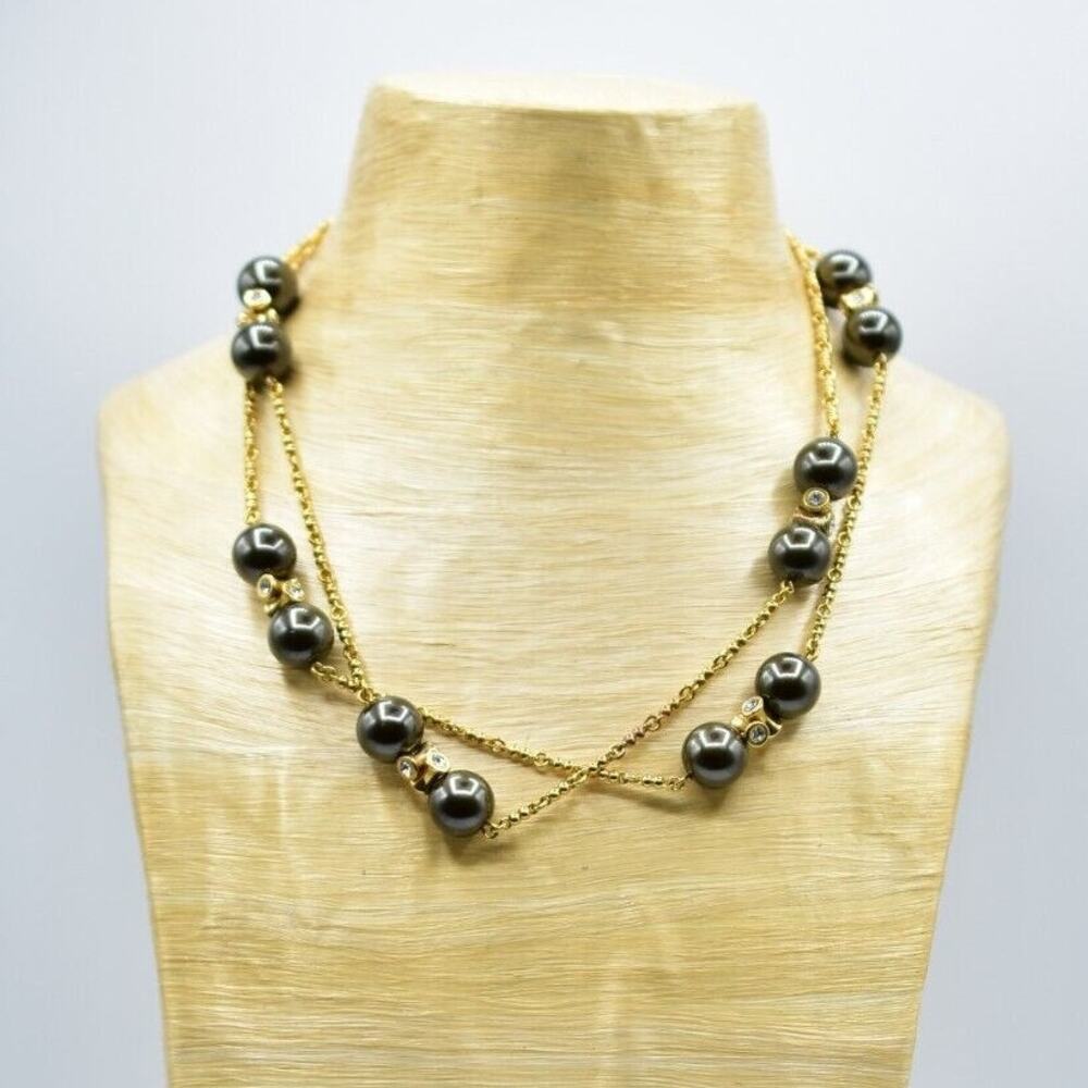 J. Crew Statement Necklace Long Station Beaded Pearl Gray Gold Rhinestone Bin4